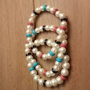Set of 3 bracelets: faux pearls 2 sizes w beads